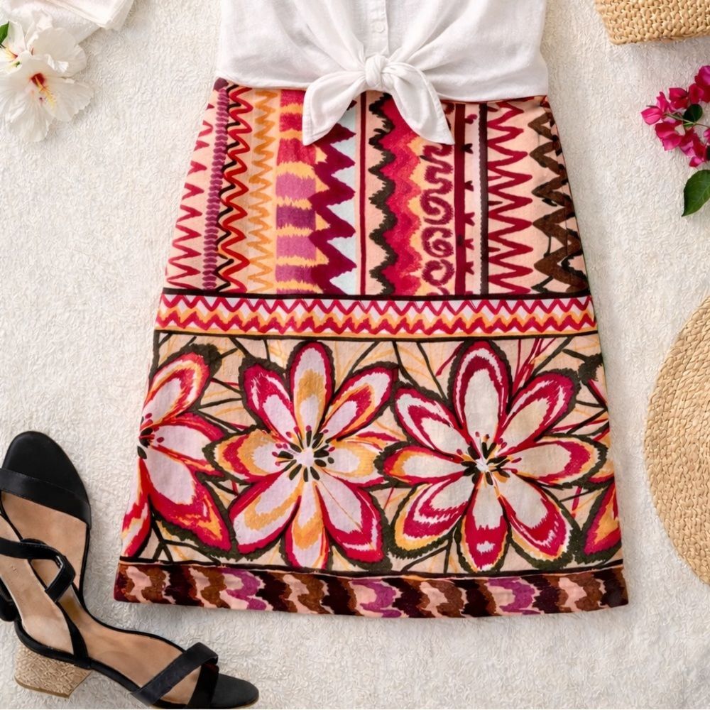 Nine West Linen Blend Skirt 8 Multicolor Geometric Floral Midi Coastal Y2K Boho
